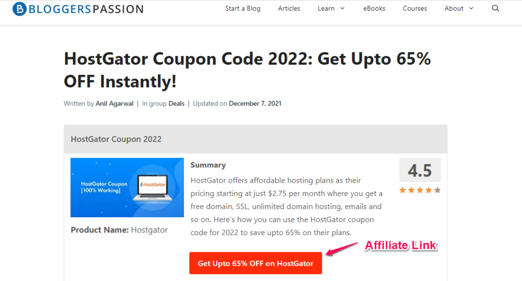 Bloggers Passion is a HostGator affiliate example 