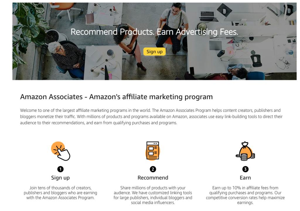 Amazon affiliate program landing page screenshot