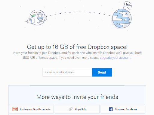 Dropbox referral program page screeenshot