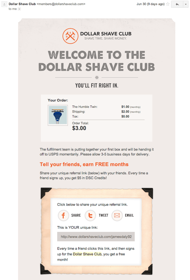DSC order confirmation email with referral program as a CTA 