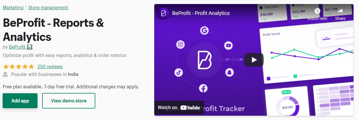 Screenshot of BeProfit app store listing.