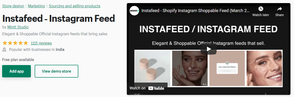 Screenshot of Instafeed app store listing - best Shopify app for showing Instagram feed