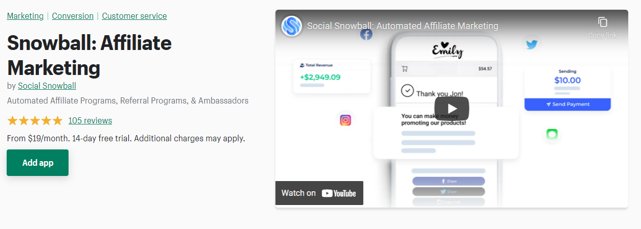 Screenshot of Social Snowball app store listing