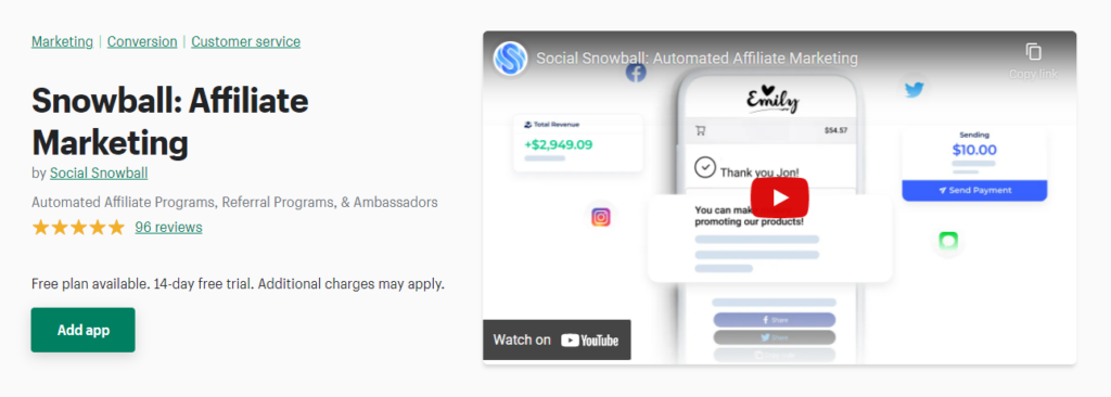Screenshot: Social Snowball Shopify App Listing