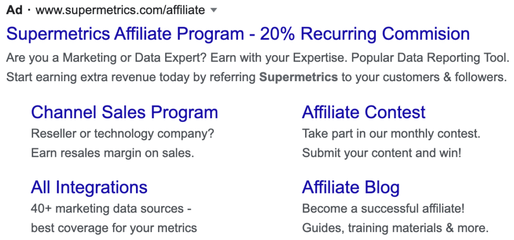 Supermetrics' ad to attract affiliate marketer