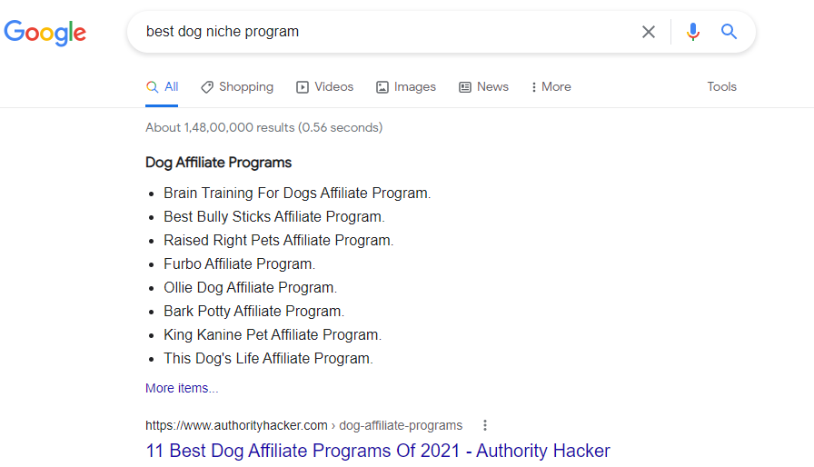 Finding meta affiliate sites with Google search.