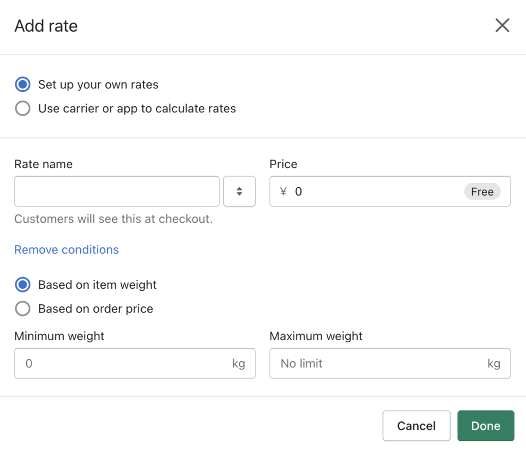Screeenshot Menu in Shopify to create a specific rate for the shipping zone