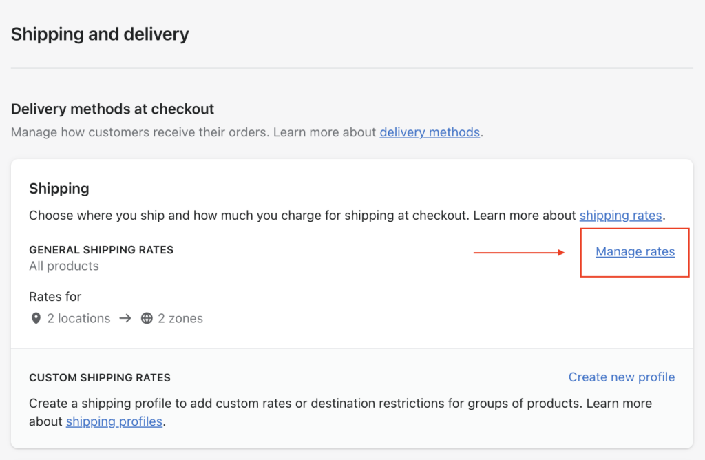 Screenshot: Shipping and delivery setting inside Shopify admin