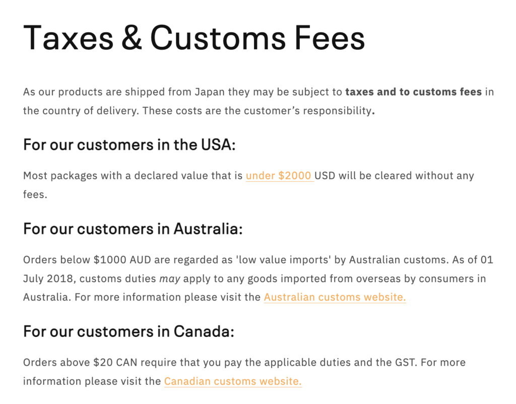 Bento&co's Taxes & Customs Fees page - screenshot