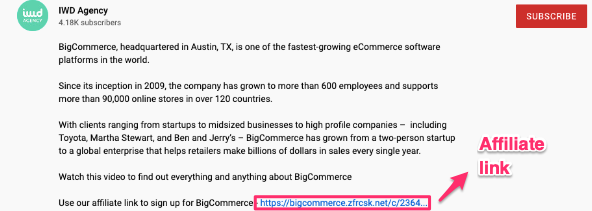 Screenshot of IWD Agency promoting Bigcommerce with an affiliate link