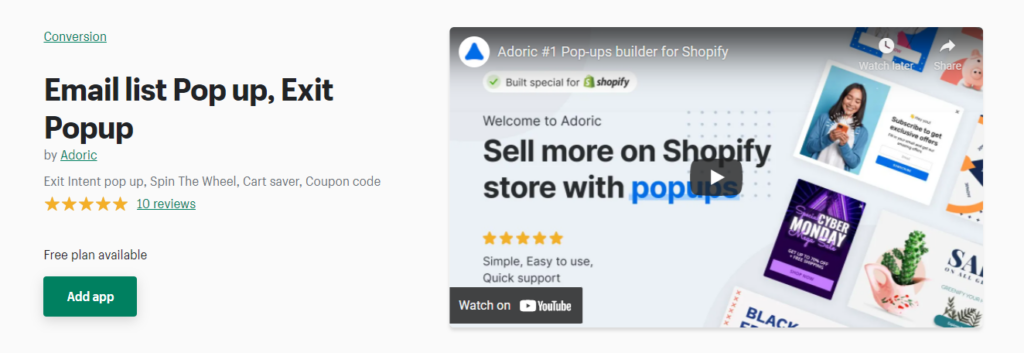 Adoric Shopify App Store listing