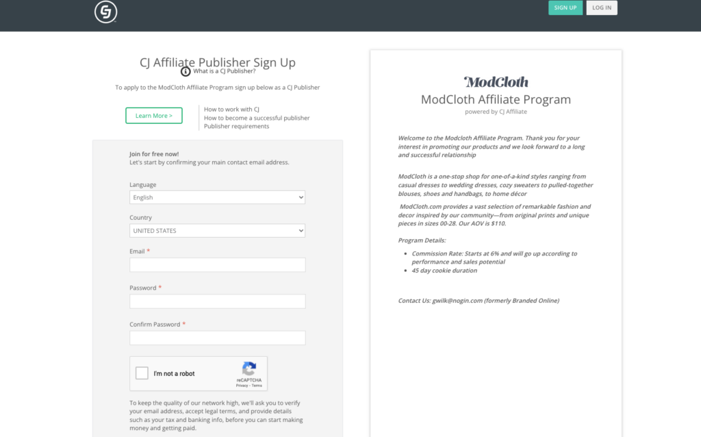 Modcloth affiliate sign up form